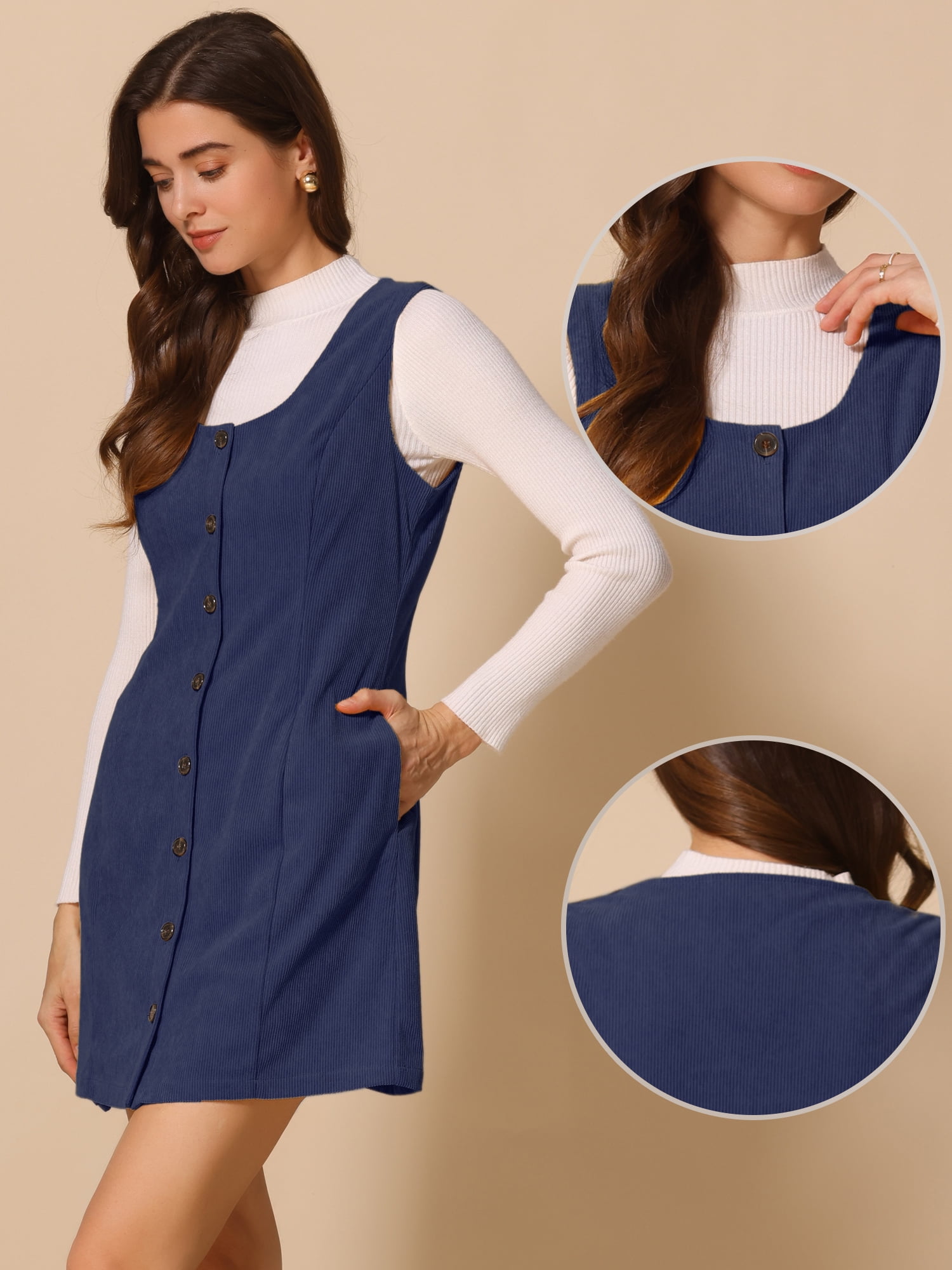 DARING DIVA Women's Stylish Corduroy Overall Scoop Neck Sleeveless Dress L Dark Blue