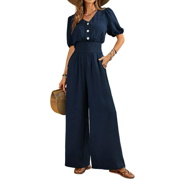 Womens Jumpsuits Short Sleeve V Neck Dressy Casual Wide Leg Pants Romper Dark Blue S