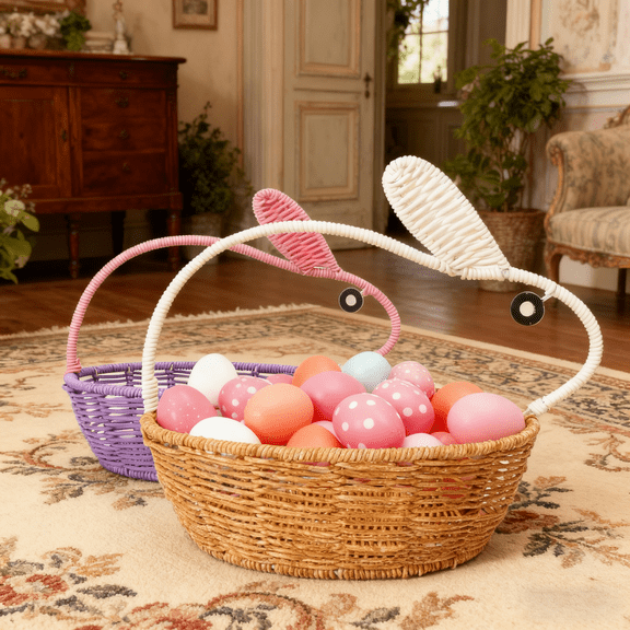 Handmade Easter Basket with Handle,Wicker Easter Basket - Premium Handcrafted Easter Gift Basket, Rabbit Ear Straw Wicker Easter Egg Candy Basket for Easter Egg Hunting Purple 1