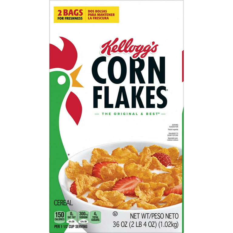  Kellogg's Corn Flakes Breakfast Cereal, 8 Vitamins and  Minerals, Healthy Snacks, Original, 36oz Box (2 Bags)