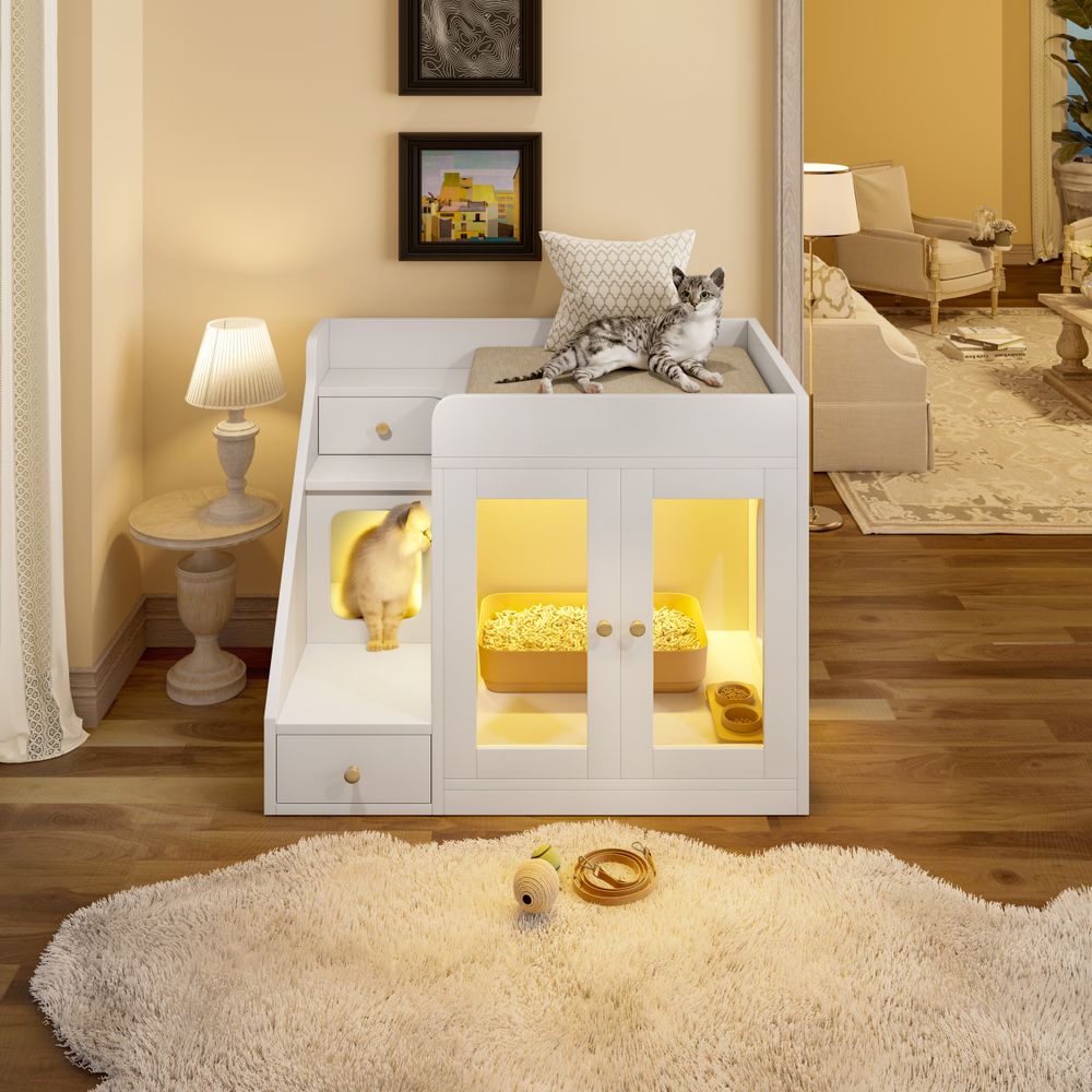LUMAMIN Cat Litter Box Enclosure with Light, Hidden Litter Box Enclosure Furniture with 2 Drawers, Indoor Cat House Washroom End Table for Cats, White