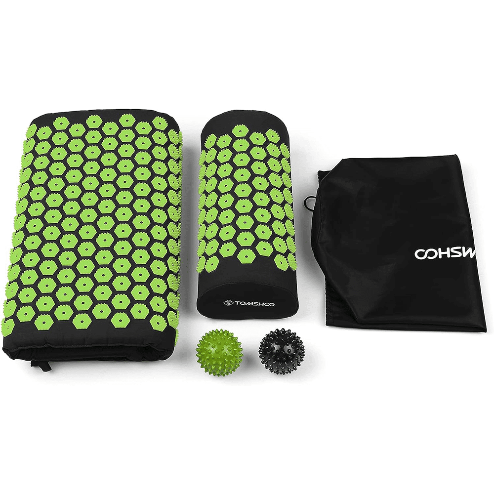 TOMSHOO Acupressure Mat and Pillow Set with 2pcs Massage Balls for Back / Neck Pain Relief and Muscle Relaxation 27'' x 17''(Black)