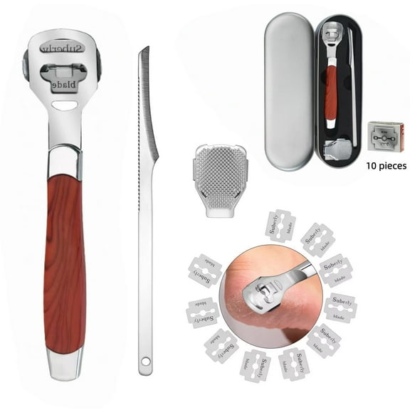 Heel & Foot Callus Remover Kit - 14-Piece Professional Stainless Steel Tool with 10 Blades & Portable Case for Home Pedicure