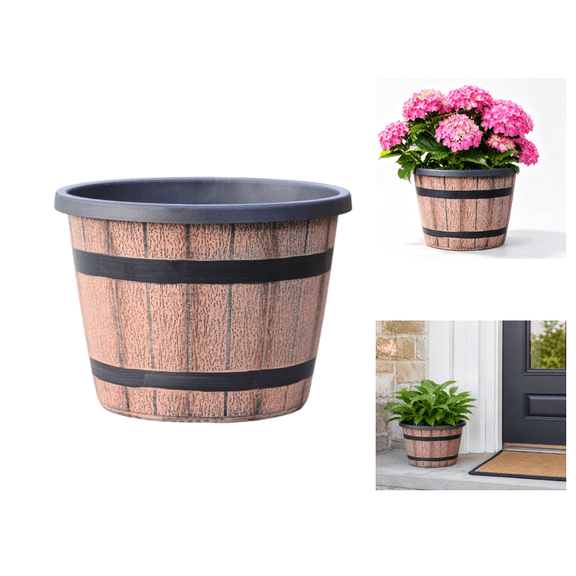 Rustic Wood Look Whiskey Barrel Planter, Large Resin Barrel Planters for Outdoor Plants with Drainage Holes, Plastic Flower Pot for Indoor and Outdoor Home & Garden Decor(8 IN)