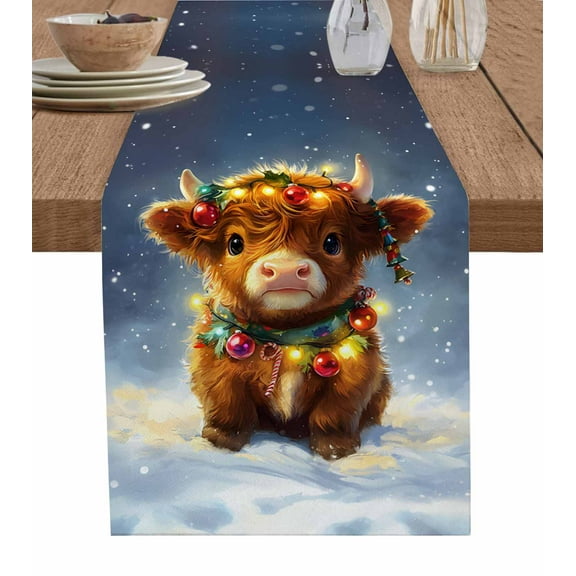 Christmas Table Runner 72 Inches, Winter Cute Brown Cow Xmas Ball Snowflake Bed Runner Dresser Scarves Tabletop for Indoor Outdoor Parties/Ceremony/Banquet, 16" x 72"
