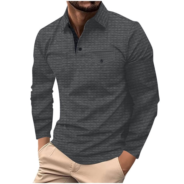 Blusa y camisa de manga larga con cuello vuelto para hombre, camisa deportiva de color liso con solapa y botones, blusa de poliéster de manga larga con solapa para hombre