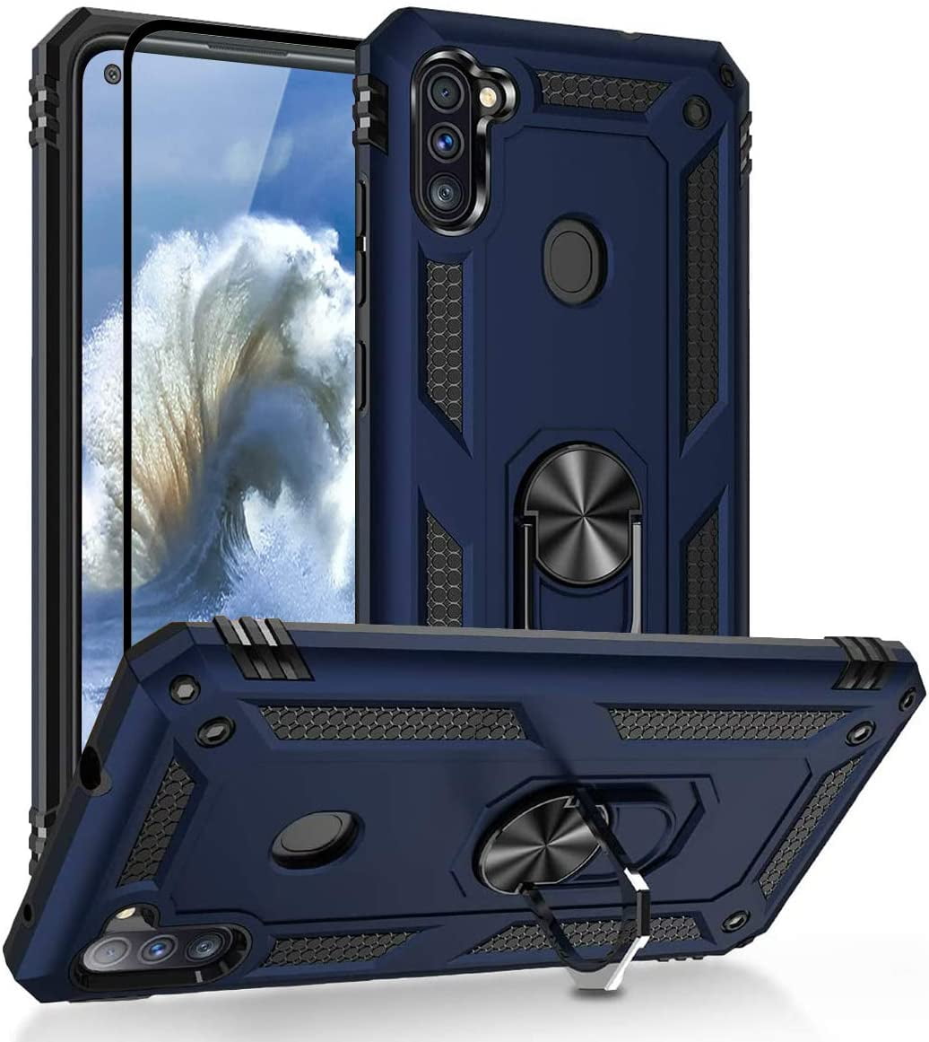 TJS Phone Case for Samsung Galaxy A11 (Not Fit Galaxy A10/A10S/A10E), with [Full Coverage Tempered Glass Screen Protector][Impact Resistant][Defender][Metal Ring][Magnetic Support] Armor (Blue)