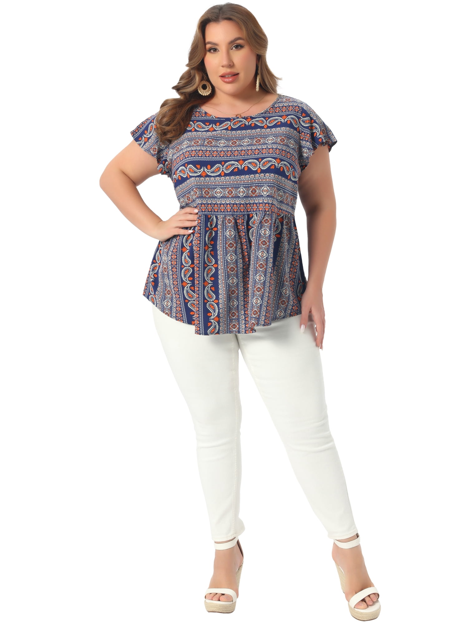 DARING DIVA Women's Plus Top Boho Floral Round Neck Ruffle Sleeve Blouses 2X Navy Blue