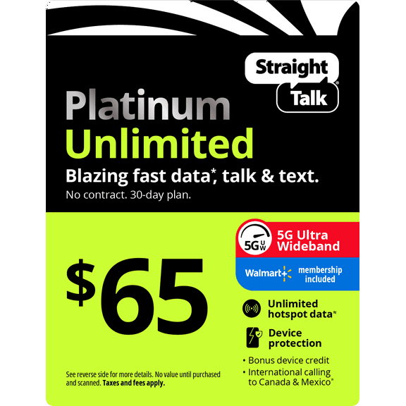 Straight Talk $65 Platinum Unlimited plus Mobile Protect 30 Day Plan