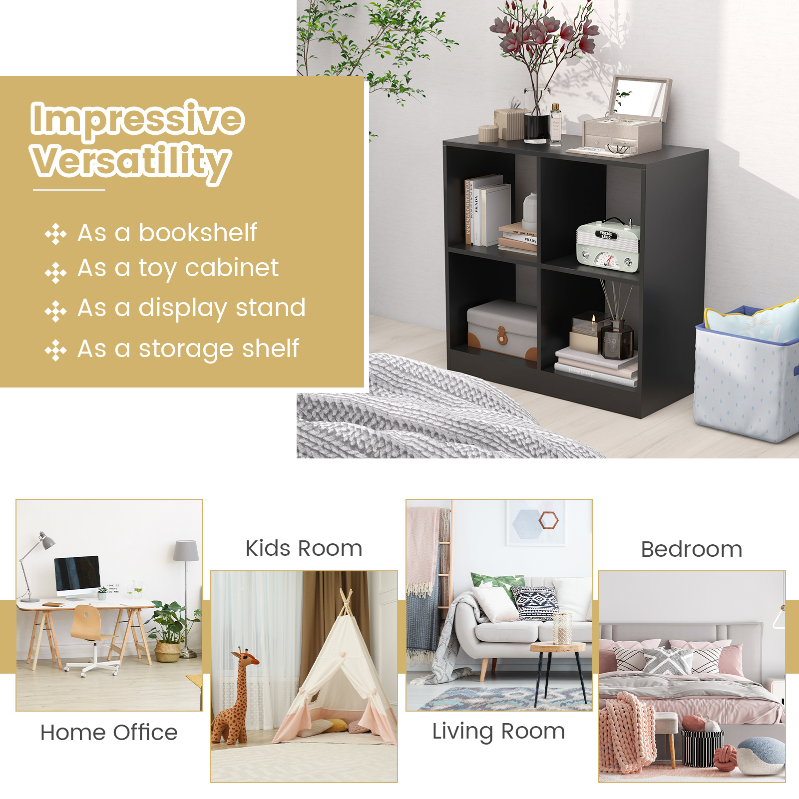 Topbuy 4-Cube Bookcase Floor Open Wooden Bookshelf with 2 Anti-Tipping Kits Modern Shelving Organizer Multipurpose Storage Cabinet Black