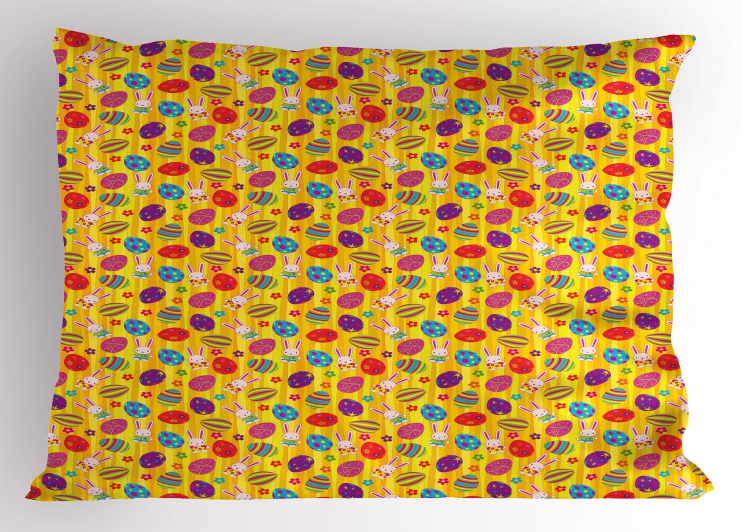 Easter Pillow Sham Funky Colorful Icons with Different Patterns Daisies