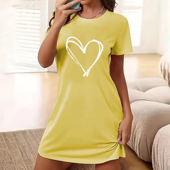 Blmnix Nightshirts Sleep Shirts for Women Plus Size Nightgowns Valentine Sleep Dress Short Sleeve Yellow Crew Neck Above-the-Knee Sleep Dress for Women,L