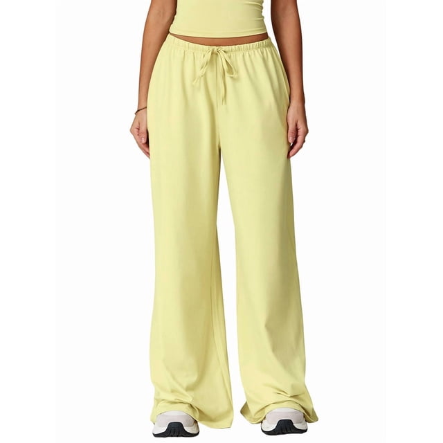 Pantalones Deportivos Casuales Holgados de Pierna para Mujer, Rectos, de Tiro Bajo, con Bolsillos con Cordón Elástico Amarillo L
