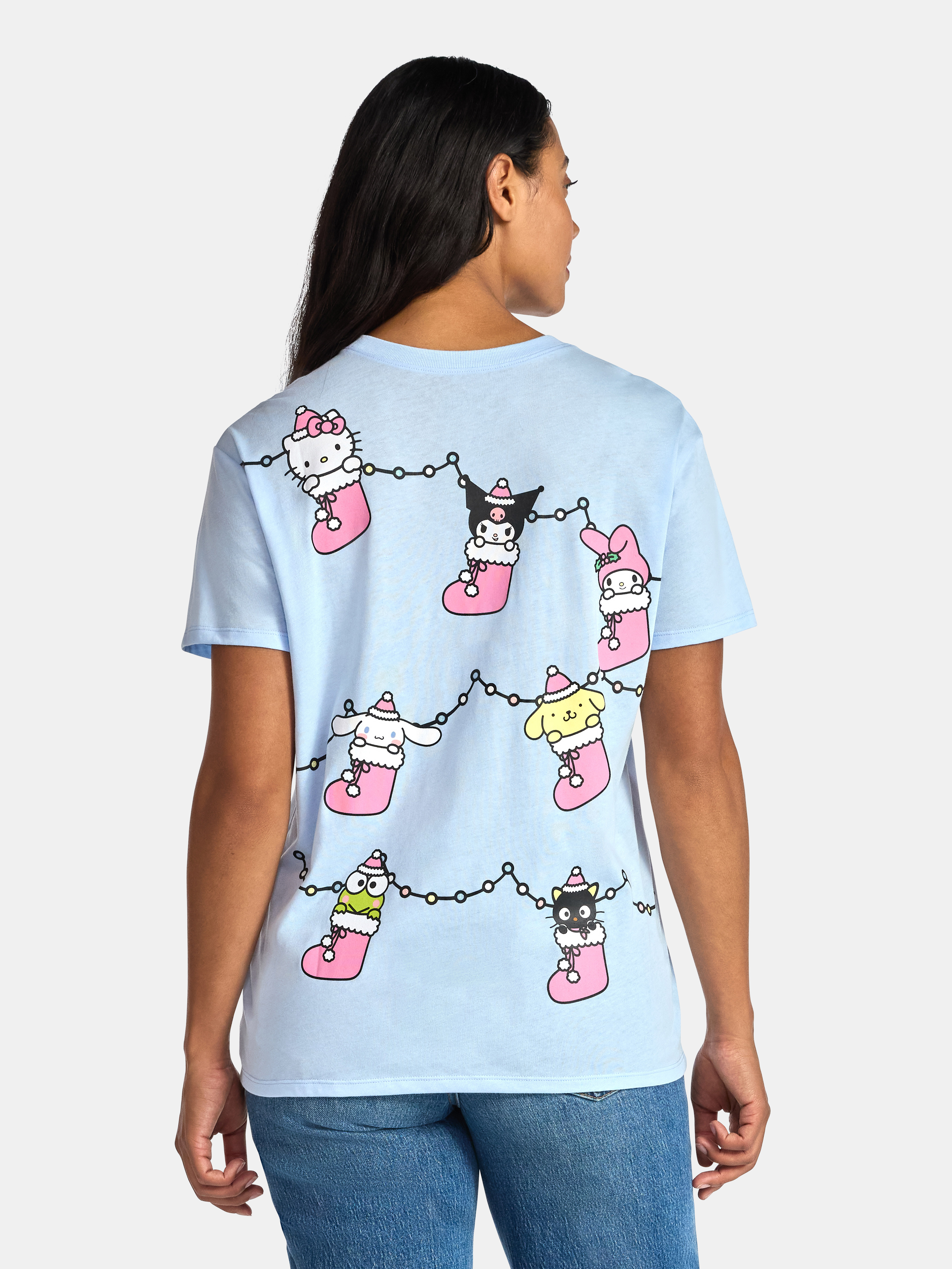 Hello Kitty & Friends Women's Christmas Front Back Graphic Tee with Short Sleeves, Sizes XXS-XXL