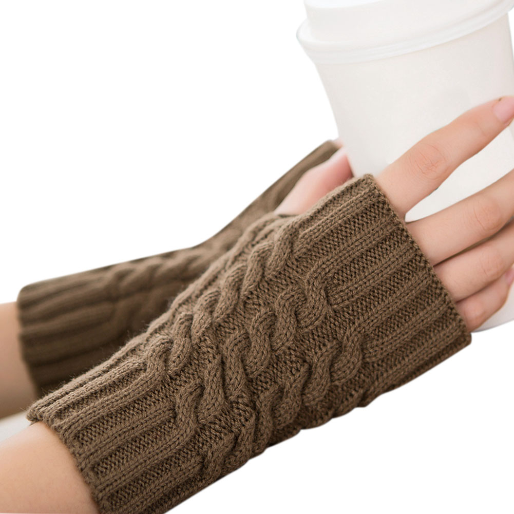 Warm Woolen Mittens Fashionable Knitted Long Half Finger Mittens khaki