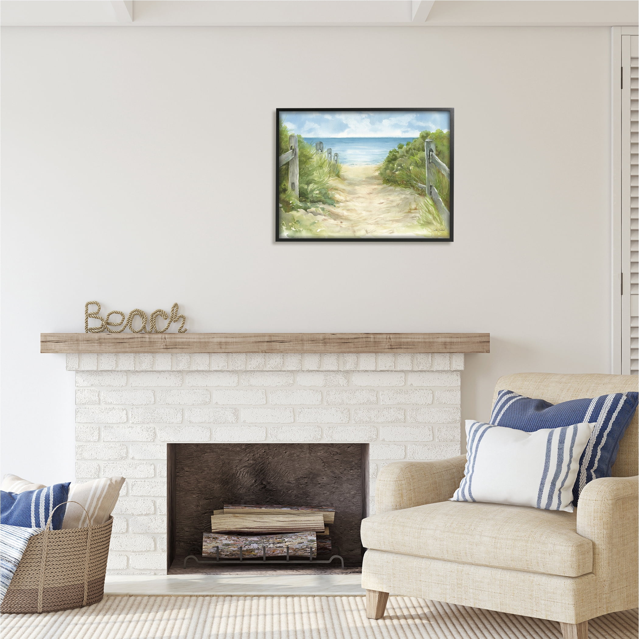 Stupell Industries Beach Path Painting Nature Painting Black Framed Art Print Wall Art, 30 x 24