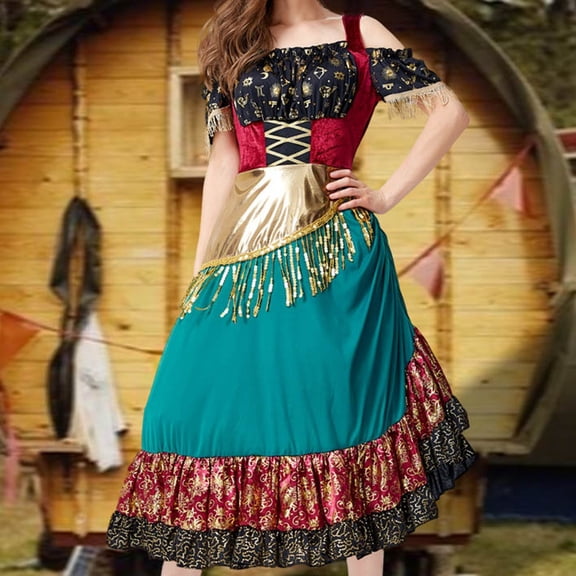 Women's Gypsy Fringe cost-ume Dress Set – Versatile Halloween Party Outfit for Women in Sizes M to XL, Elegant Stage Performance Wear with Gold Tassel Details