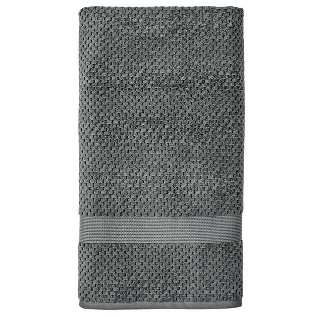 Soft gray towel from Better Homes & Gardens Signature Soft Popcorn Texture Towel Collection featuring a textured popcorn weave and smooth decorative band.