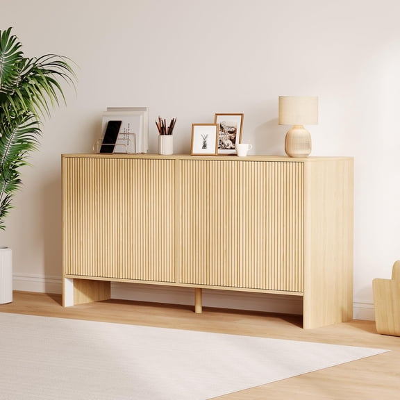 58"Natural Oak Fluted Sideboard with Storage, Modern Accent Storage Cabinet with 4 Fluted Doors and Adjustable Shelves, Wood Credenza Buffet Cabinet, Console Table for Kitchen Dining Living Room