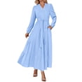 thumbnail image 1 of Vestido Maxi PRETTYGARDEN con Cuello en V, Manga Larga y Cinturón Talla M, 1 of 8