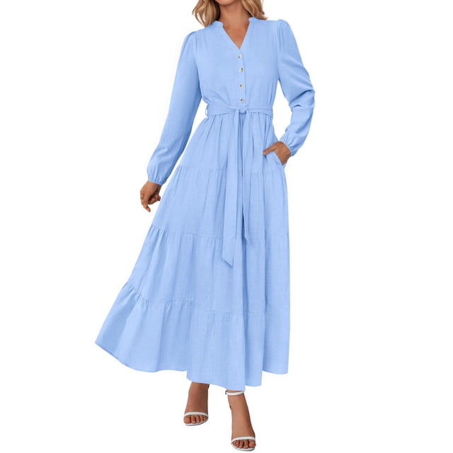 Vestido Maxi PRETTYGARDEN con Cuello en V, Manga Larga y Cinturón Talla M