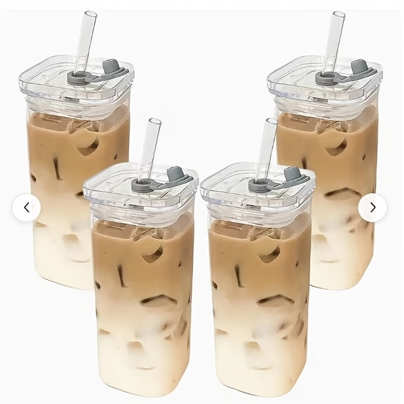 4 Pack Square Plastic Tumbler with Flip Lid and Straw, Clear Reusable Iced Coffee Water Cup Portable Travel Drinking Mug for Home Outdoor