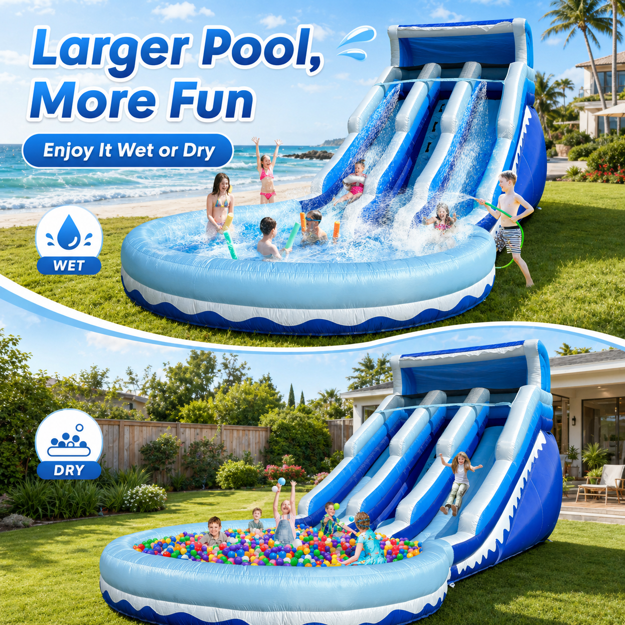 Connsann Inflatable Water Slide Blue Wave Oxford Double Lane with Splash Pool and Climbing Wall for Kids, Blue, 1-Count, 20.6 ft