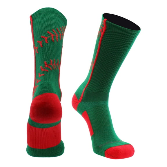 Softball Socks with Stitches in Crew Length (Kelly Green/Red, Large)