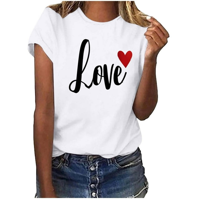 BLVB T-Shirts de la Saint-Valentin pour Femmes Mignons avec Cœur Graphique T-Shirts Manches Courtes pour Elle