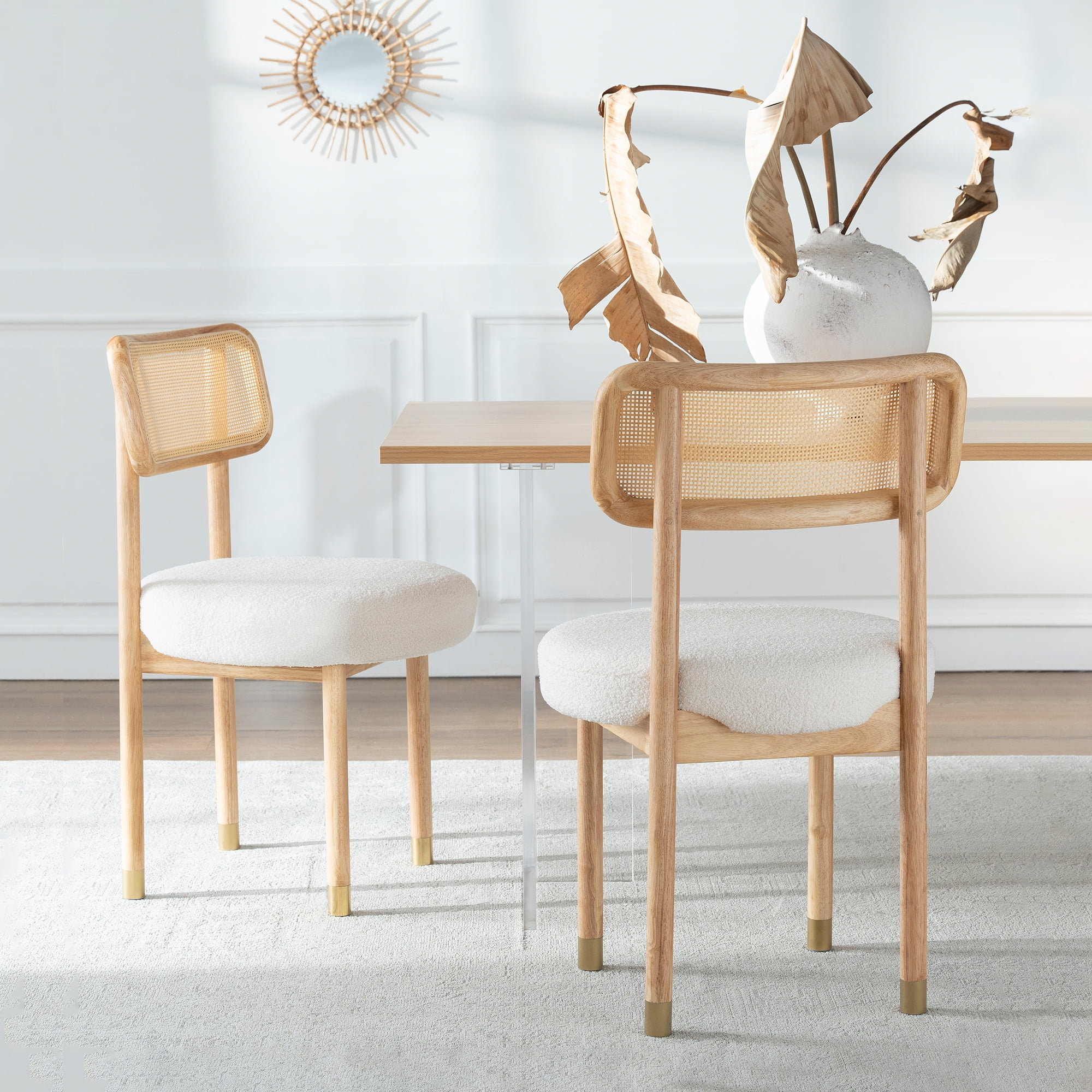 Joyyskill Upholstered Rattan Dining Chairs Set of 4, Mid Century Modern Kitchen Chairs with Curved Back and Solid Wood Legs Armless Accent Chair, Natural Oak/White Boucle