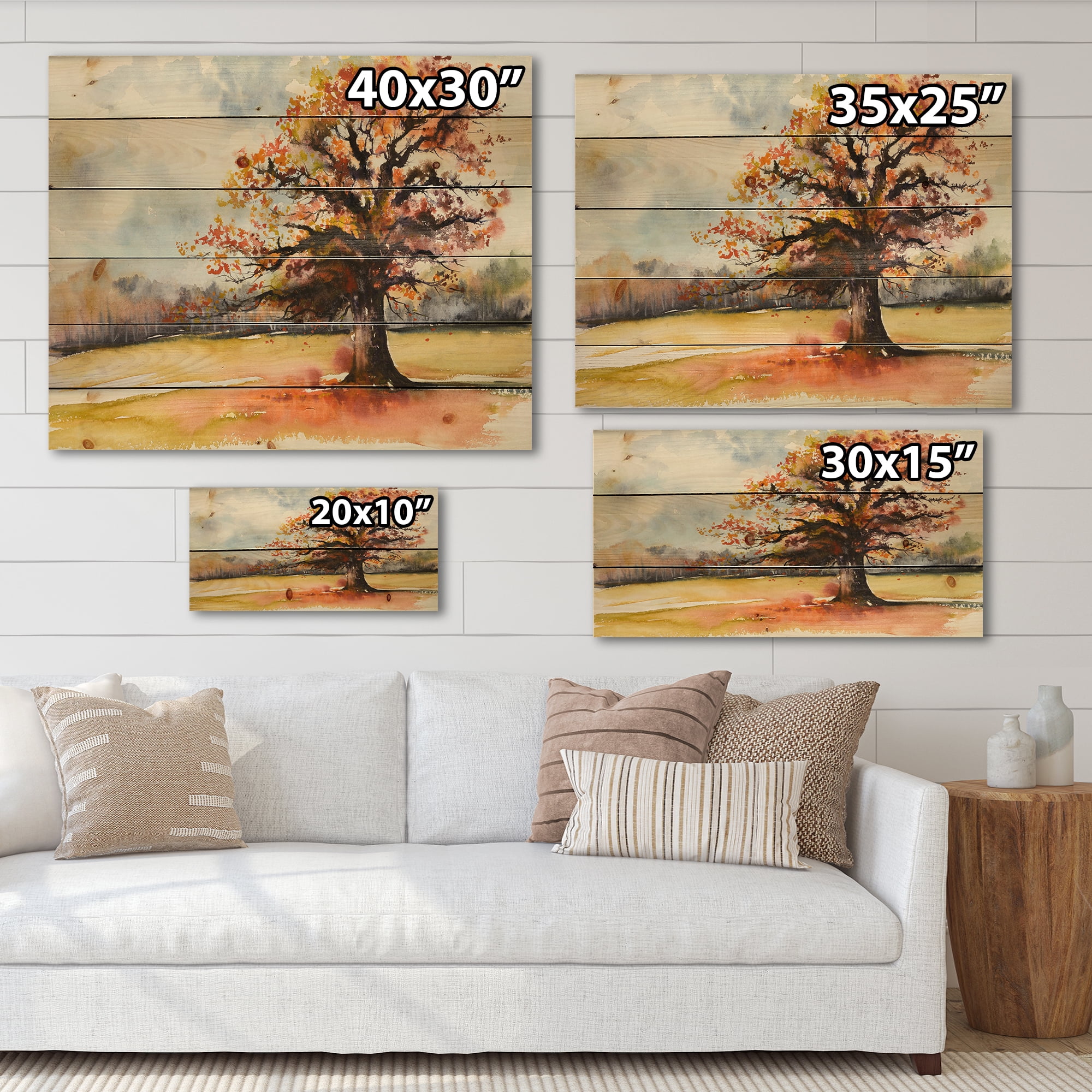 Designart 'Lone Oak Tree In The Fields With Autum Leaves' Traditional Print on Natural Pine Wood