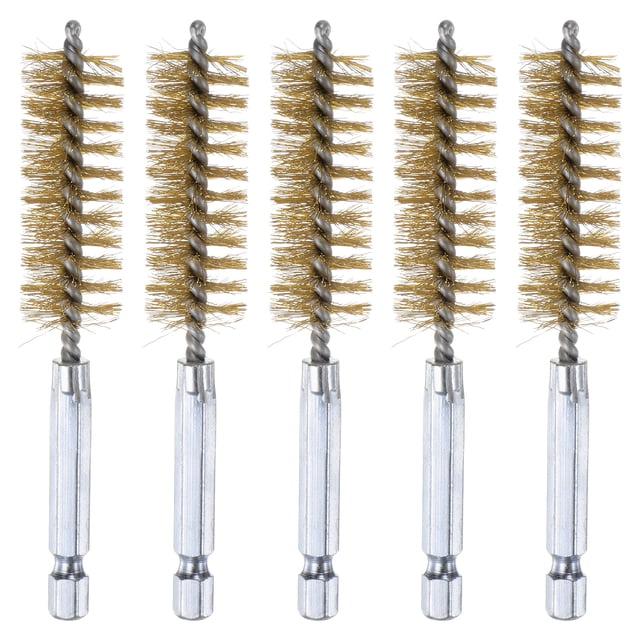 5uds Latón Perforación Cepillo 17mm Diámetro 4" Largo Limpieza Trenzado Alambre Cepillo con Mango 1/4" Hexagonal Vástago para Tubos, Puertos, Rodamientos