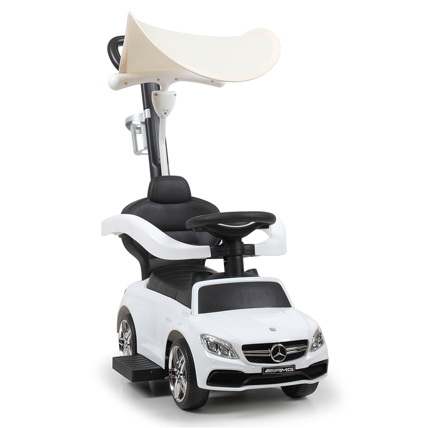 CIPACHO Licensed Mercedes 3-in-1 Ride On Push Car, Stroller Sliding Walking Car with Canopy Belt, Under Seat Storage, Parental Handle, Armrest Guardrails, Toy Push Car, White