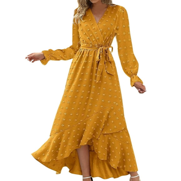 Vestido largo boho con cuello en V y manga larga para mujer - Aterciopelado con abertura, poliéster, vestido de cóctel para bodas y fiestas