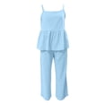 thumbnail image 3 of FINALGANG Toddler Kids Girls Solid Color Two Piece Outfit Spaghetti Strap Peplum Top Wide Leg Pants Casual Summer Set For Daily Wear Soft Outfit, 3 of 3