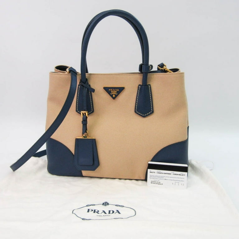 Authenticated used Prada Saffiano Double Bn2775 Women's Canvas,Leather Handbag,Shoulder Bag Beige,Blue, Adult Unisex, Size: (HxWxD): 24.5cm x 33cm x