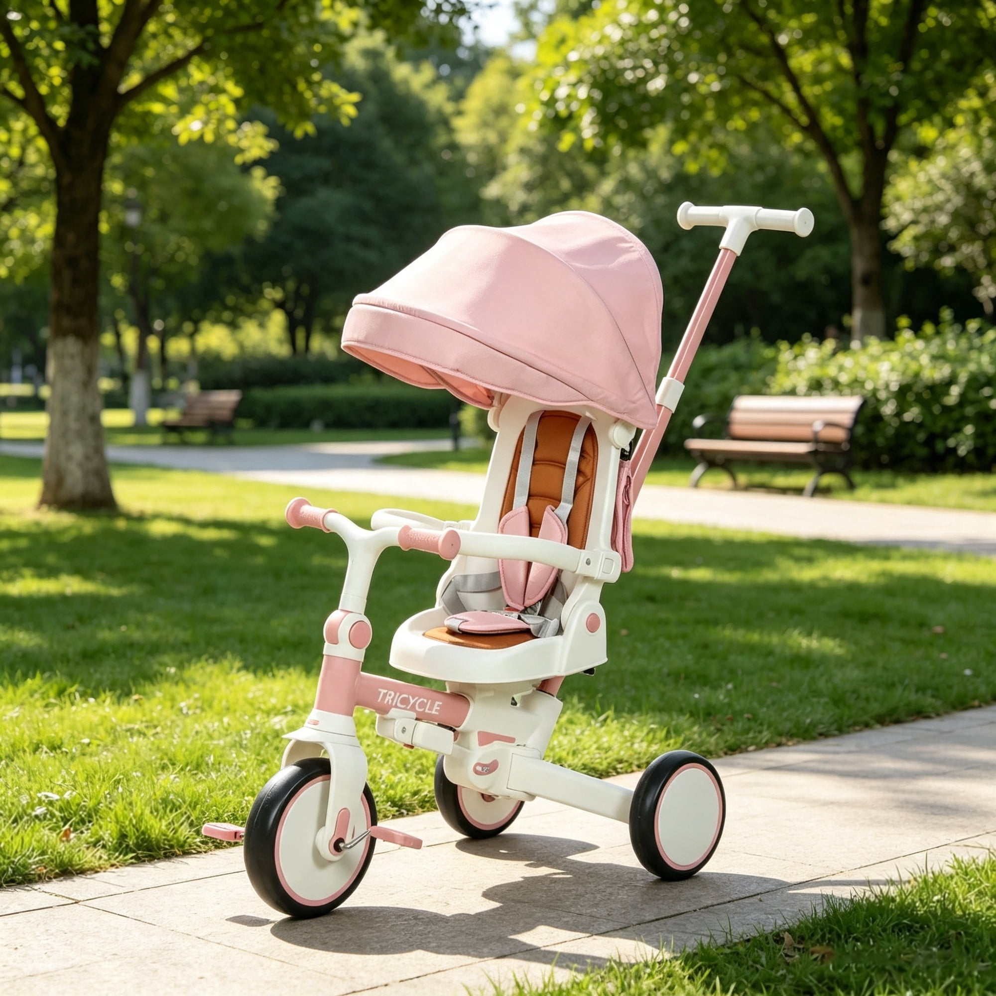7 in 1 Toddler Tricycle Stroller, for 1-5 Years Old, Adjustable Push Handle, Rotatable Seat, Detachable Canopy, Pink
