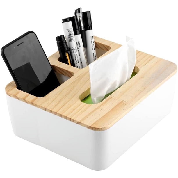 Estuche para servilletas, caja de pañuelos de plástico con cubierta de bambú/madera extraíble, organizador de almacenamiento para el hogar, el automóvil y la oficina (rectángulo de 3 cuadrículas)