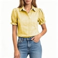 thumbnail image 3 of hoksml Women's Gingham Button-Down Shirt, Collared Puff Short-sleeved Blouse with Pocket, Casual Plaid Daily Office Wear Top, 3 of 7