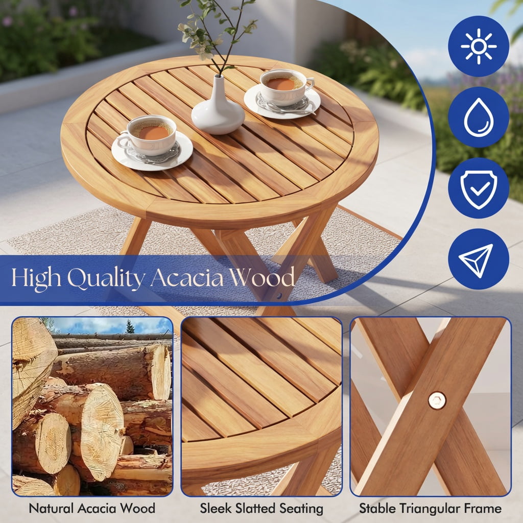 Hommoo 3-Piece Acacia Wood Folding Patio Bistro Set with Cushions, Outdoor Dining Set for Balcony, Porch & Garden, Gray