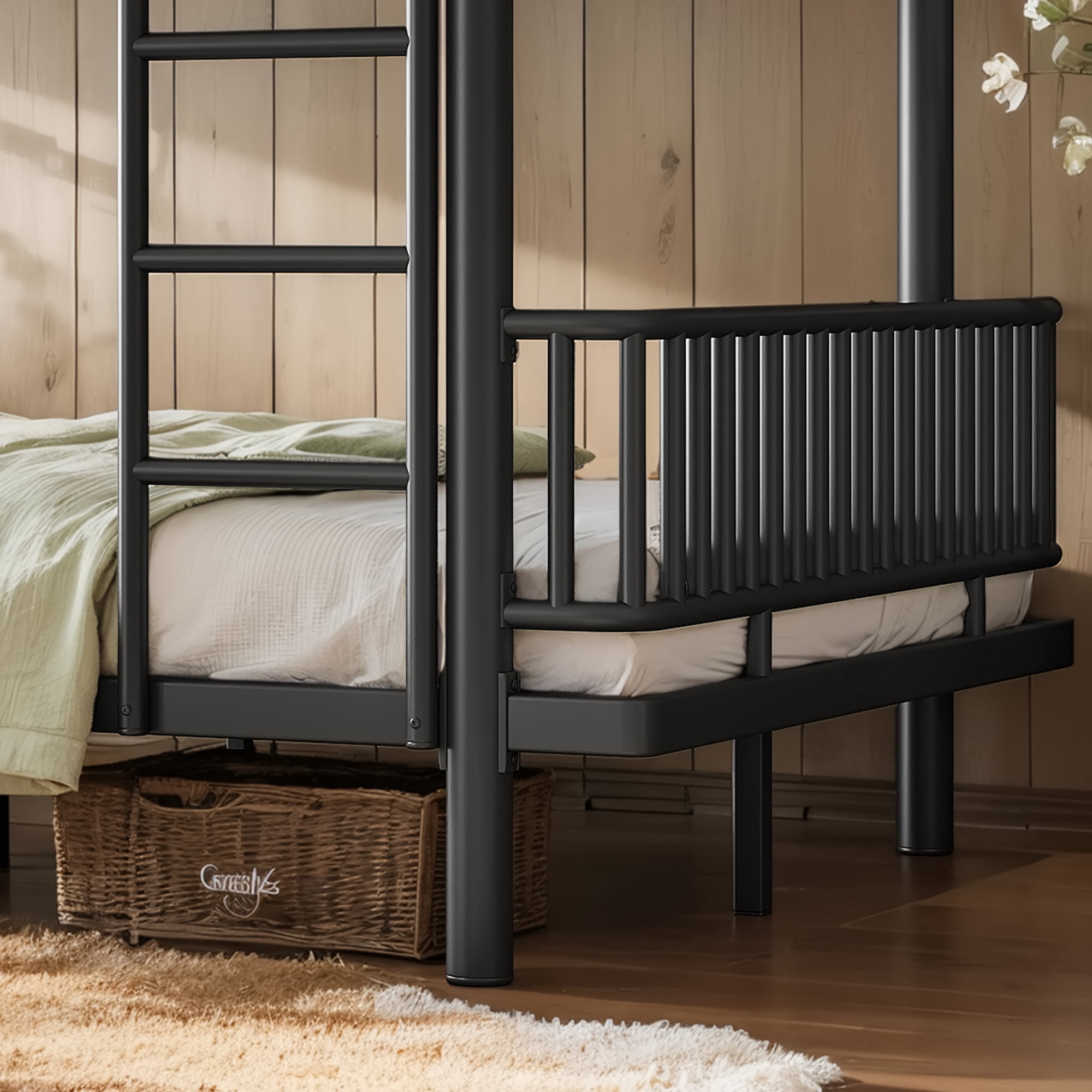 Queen over Queen Bunk Bed with Ladders and Guardrails, Metal Bunk Bed Frame Convertible into 2 Separate Platform Beds for Bedroom All Ages, No Box Spring Needed, Black