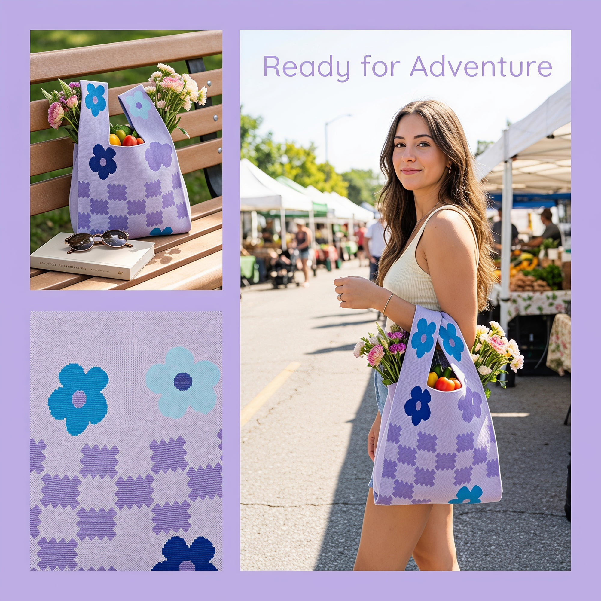 Unique Bargains Cute Cartoon Gift Reusable Tote Bags with Handles 7.5" x 13.4" Purple