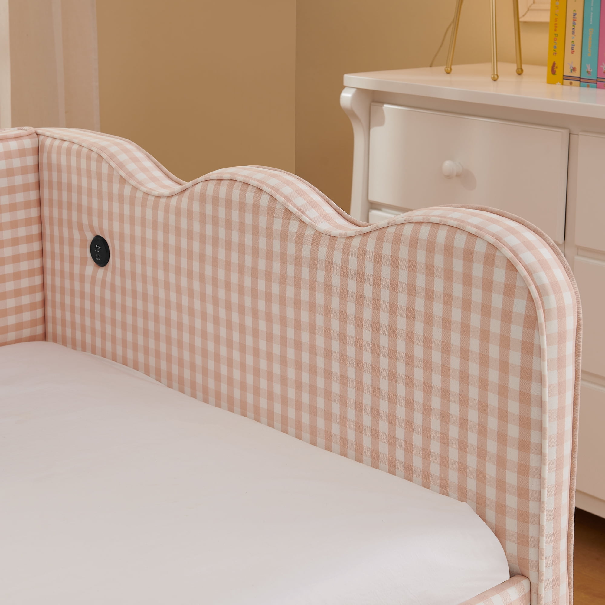 GARITIN Twin Size Daybed with Trundle, Gingham Sofa Bed with USB Port and Wavy Shape Headboard for Kids Room, Pink