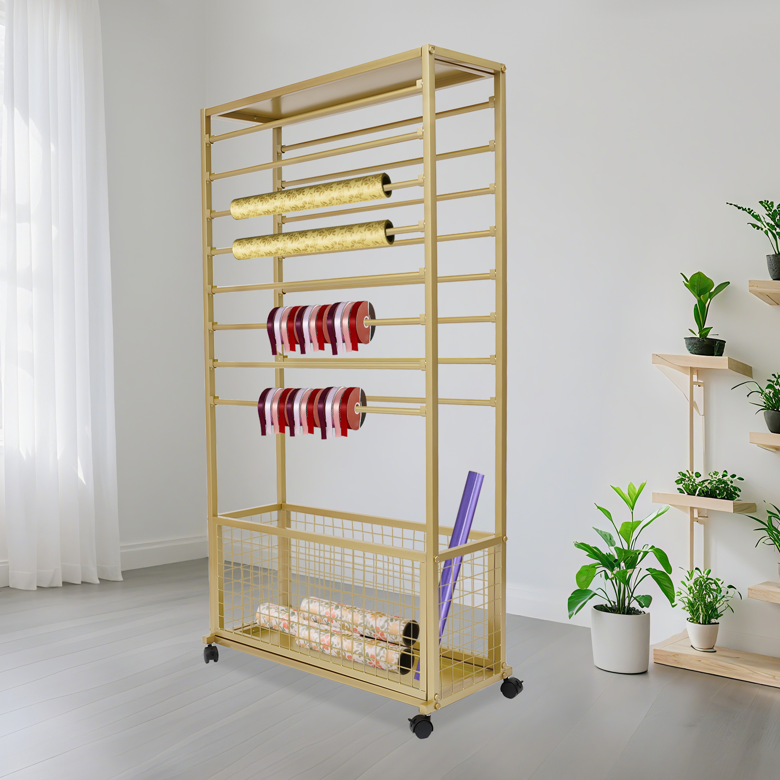 Mobile Ribbon Holder with 16 Hanging Rods, Gold, for Florists, Dyeing Factories, Homes, Hotels to Hold Wrapping Paper, Ribbons, Scarves, Clothes, and More