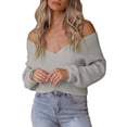 thumbnail image 4 of Women Long Sleeve Low Cut Sexy Knitted Wrap V Neck Cross Front Sweater Pullover, 4 of 6