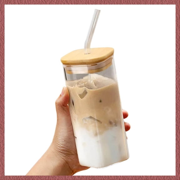 LANBB Glass Cups with Lids and Straws, 14oz Iced Coffee Cups & Glass Coffee Cups, Heat-Resistant Coffee Cup for Cold Drinks, Juice, Milk | Leakproof & Shatterproof, Ideal for Home, Office, Travel