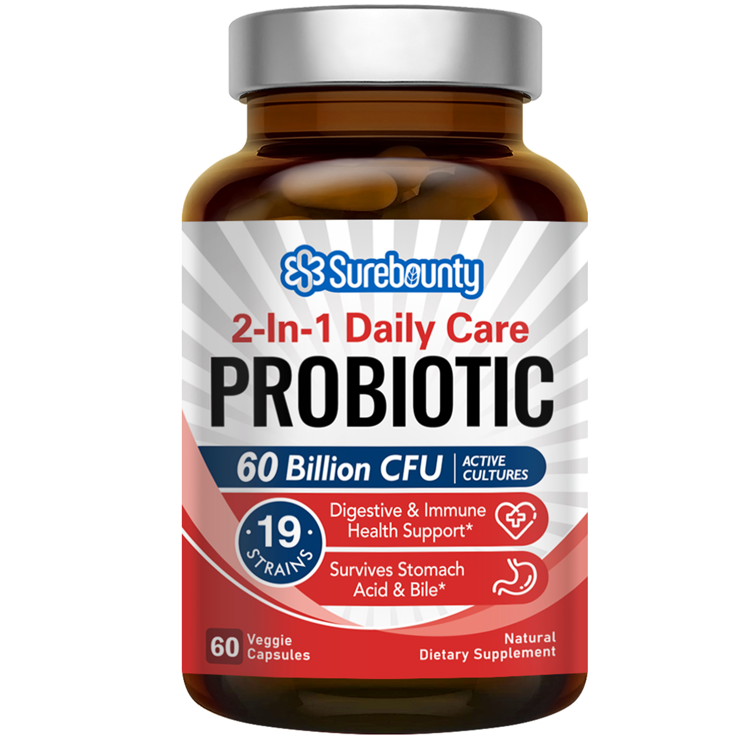 Surebounty 2-IN-1 Daily Care Probiotic, with 100 mg Prebiotic, Delayed Release, Shelf Stable, 60 Billion CFU 19 Strains, Digestive & Immune Health, 60 Veg Caps, Non-GMO, NO Gluten Dairy & Soy