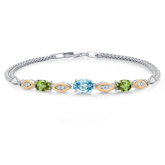 Gem Stone King 925 Silver and 10K Yellow Gold Blue Zircon and Green Peridot and White Lab Grown Diamond Bracelet for Women (2.31 Cttw, Gemstone, Oval, Wheat Chain, 7.5 inches)