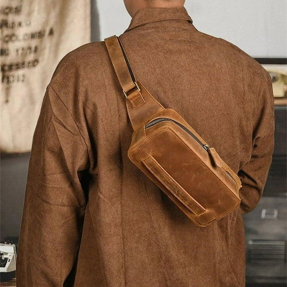 Original new men's crossbody bag, retro first-layer cowhide chest bag, multi-functional crazy horse leather trendy bag, genuine leather backpack for men