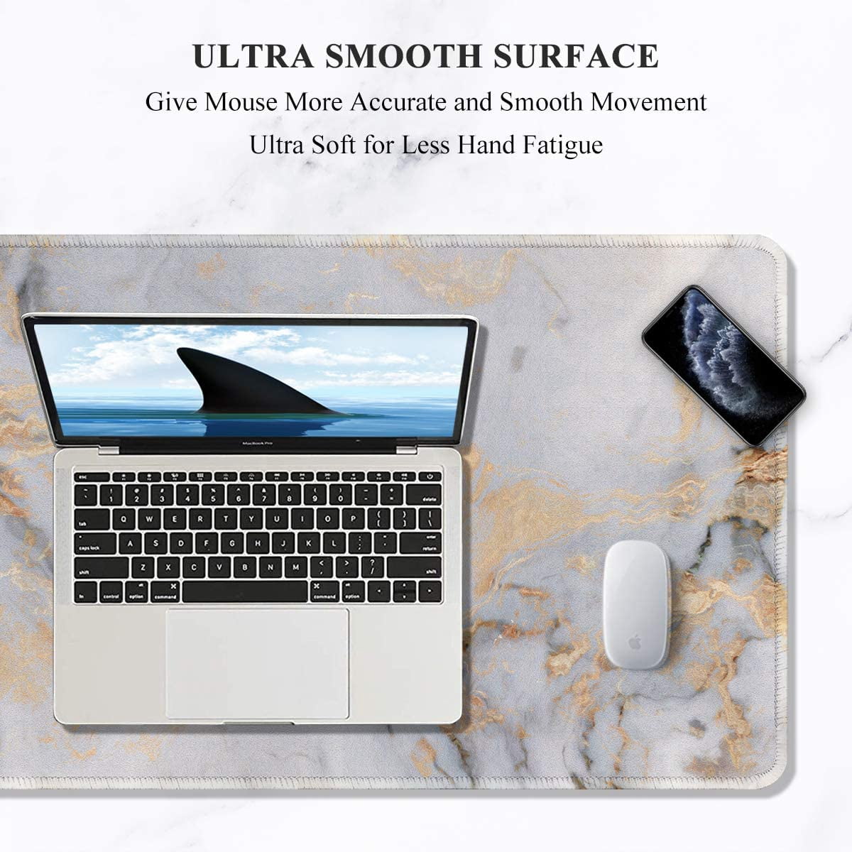Large Mouse Pad, Full Desk XXL Extended Gaming Mouse Pad 35 x 15 Inch, Waterproof Desk Mat w/Stitched Edge, Non-Slip Laptop Computer Keyboard Pad for Office & Home, White Gray Marble Design